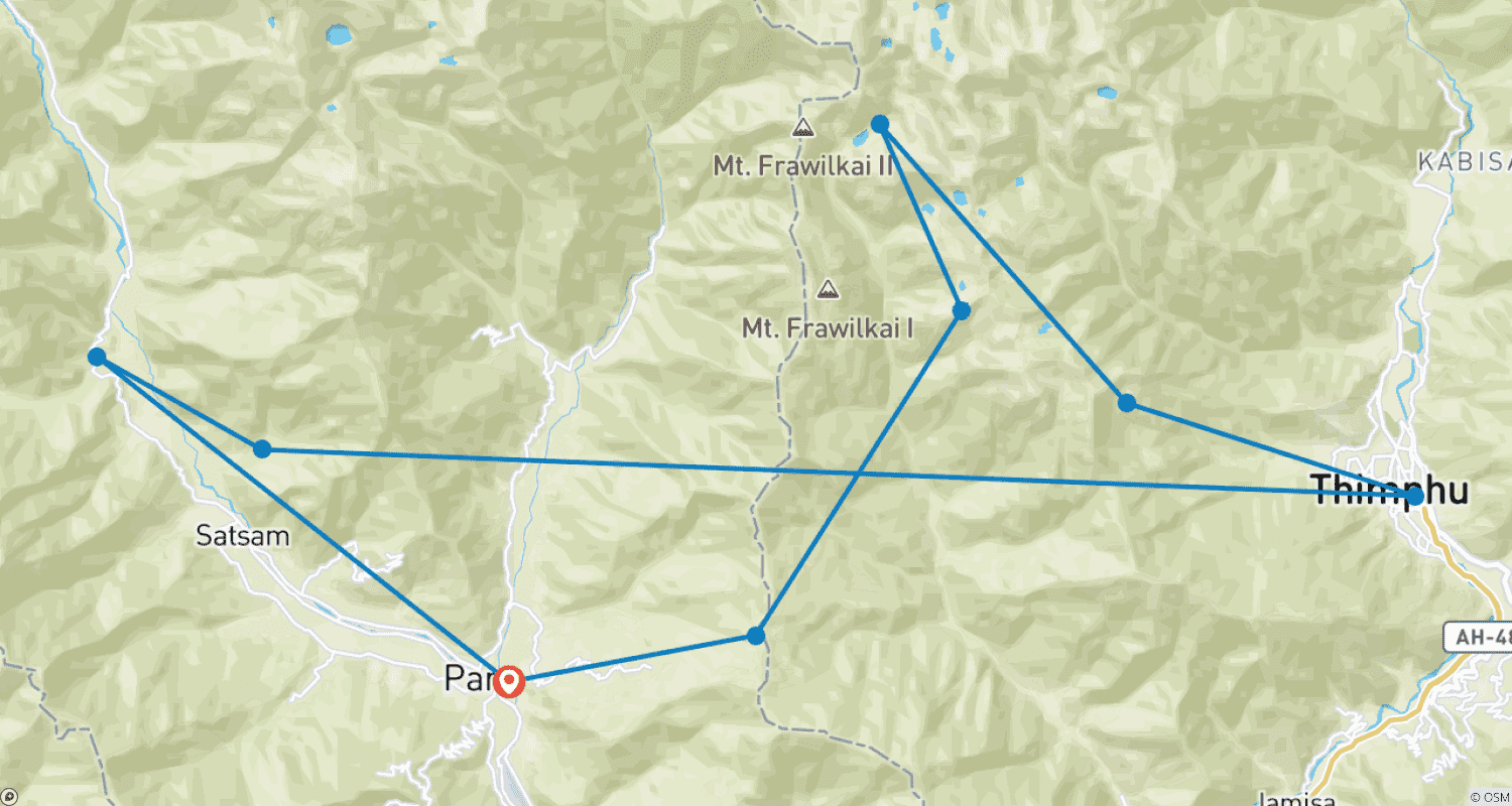 Mapa do percurso de Trilho Druk Path com Tour Cultural e Caminhada a Taktsang