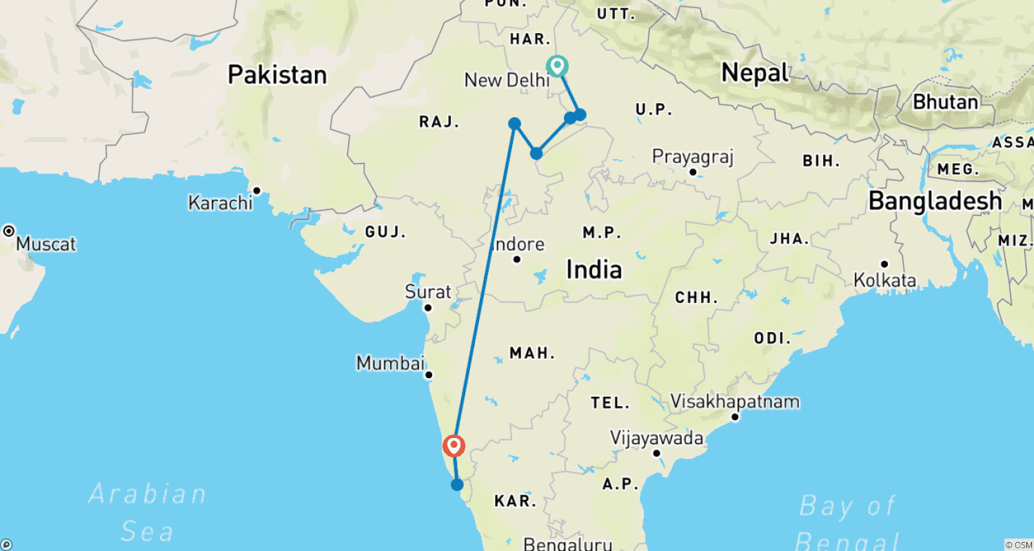 Mapa do percurso de Tour de Luxo Privado em Goa com Taj e Tigres