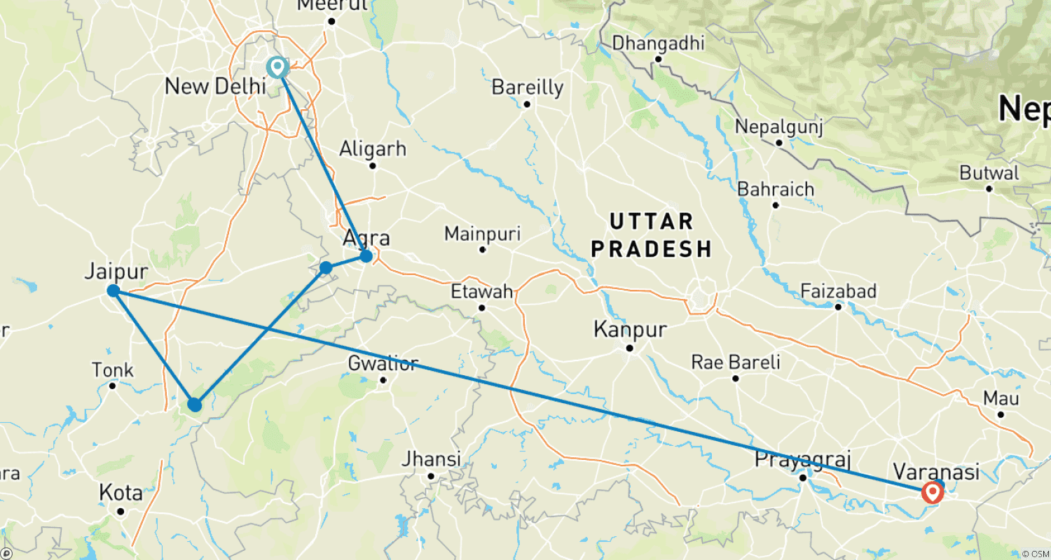 Mapa trasy: Tygrysy Taj i Waranasi: wycieczka all inclusive po Indiach