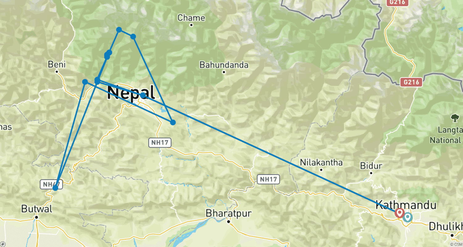 Mapa do percurso de Annapurna For Breakfast Trekking (Short ABC Trek)