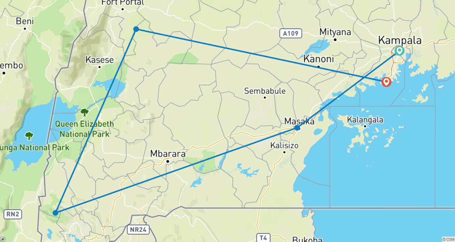 Mapa do percurso de 5 DIAS Experiência de Luxo de Trekking de Gorilas e Chimpanzés