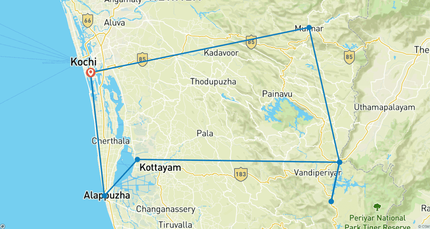 Mapa do percurso de Kerala - Gods Own Country