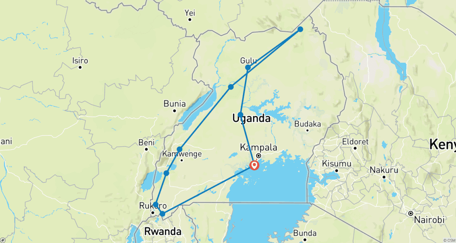 Mapa do percurso de 13- Day Uganda Expedition: Experience Moments with Gorillas, Wildlife and Cultural Experiences ( Private tour)