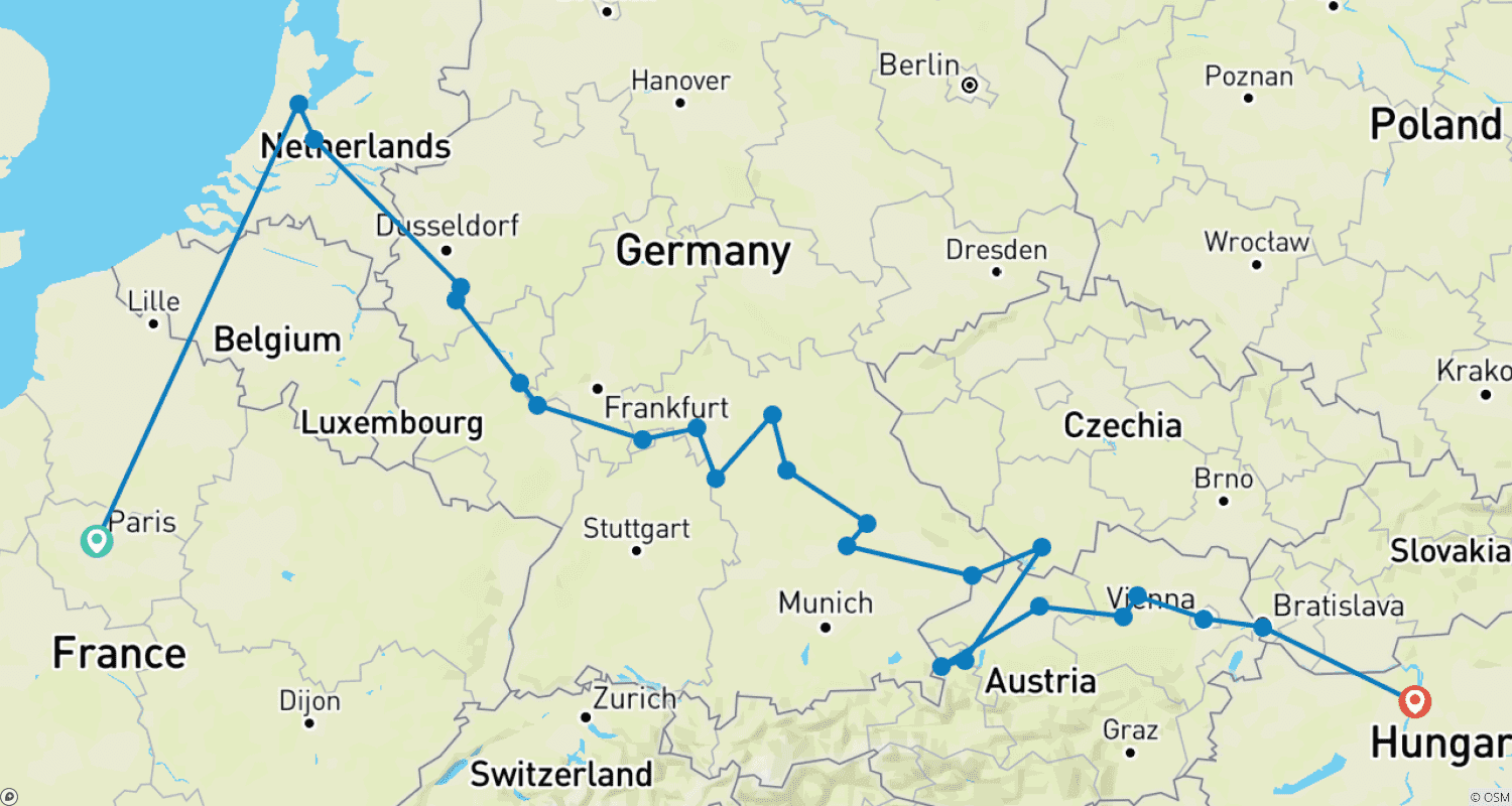 Mapa do percurso de Jóias Europeias com Paris Paris → Budapeste (2026)