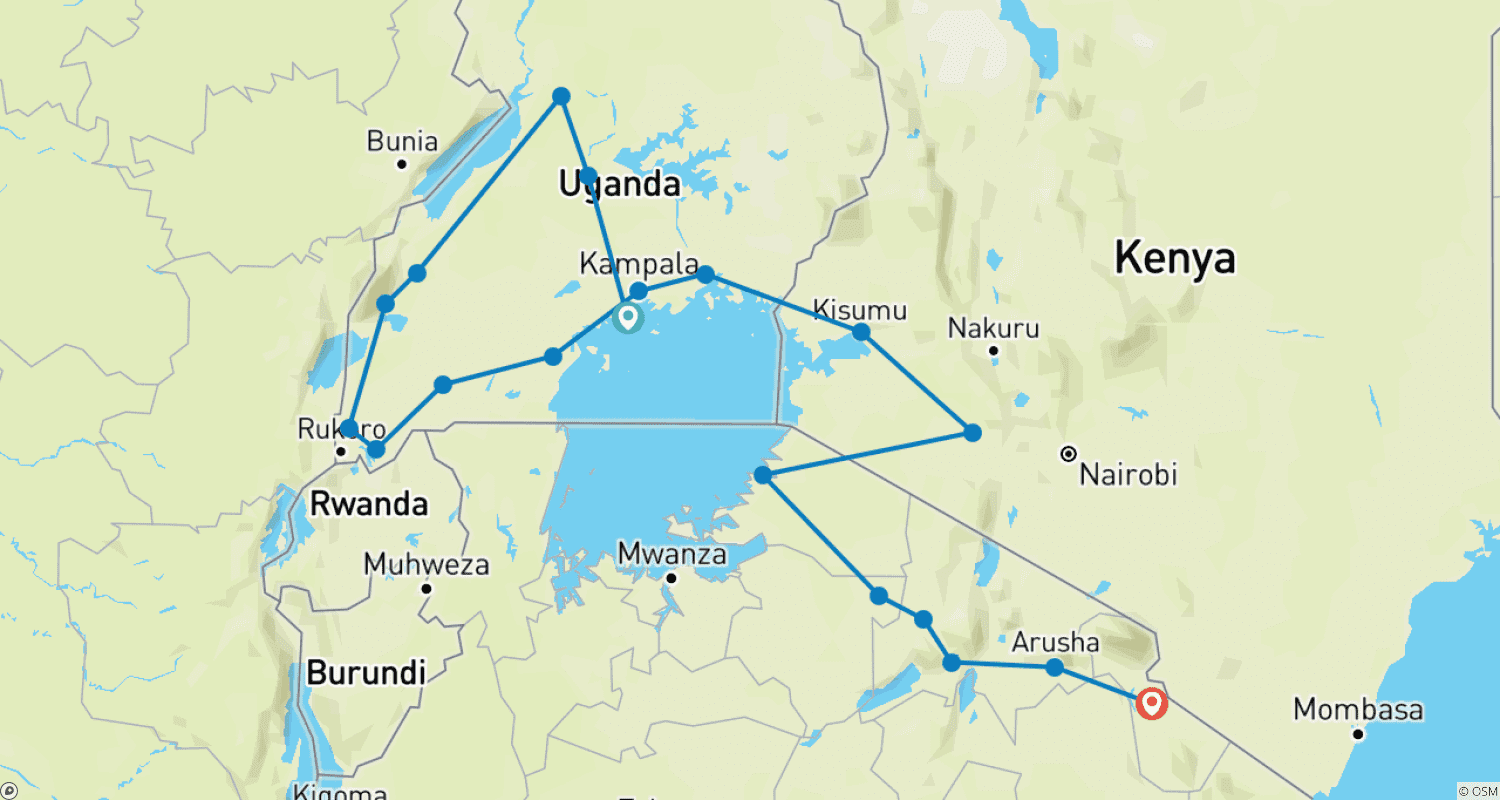 Mapa trasy: 17-dniowe safari, aby doświadczyć goryli Ugandy, Masai Mara w Kenii, Serengeti i Ngorongoro w Tanzanii (prywatna wycieczka)