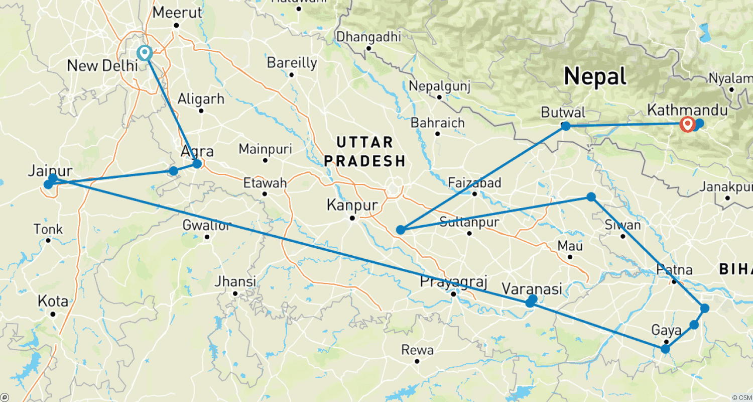 Mapa do percurso de Incredible North India Tour with Nepal