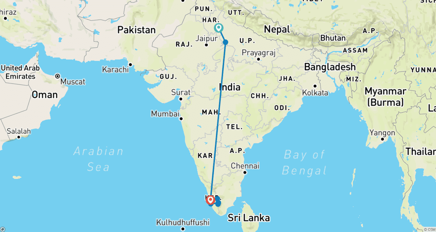 Mapa do percurso de Pacote Turístico de Kerala com Taj Mahal