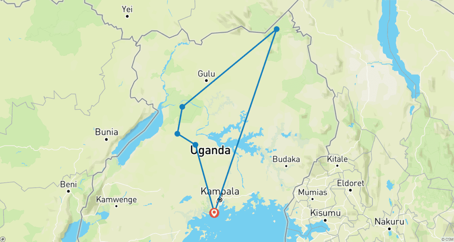 Mapa do percurso de Experience Murchison Falls & Kidepo Valley National Park Safari