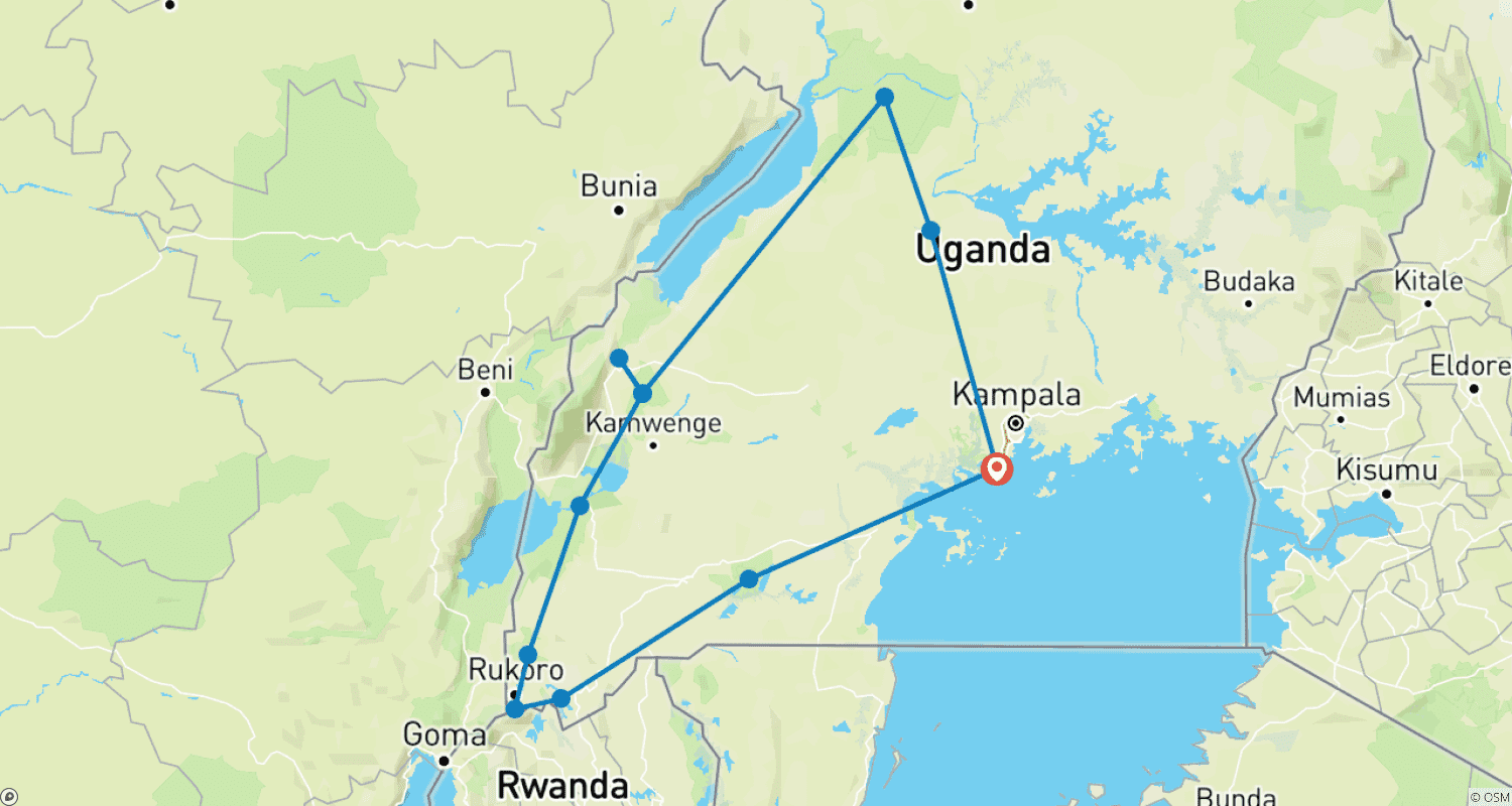 Mapa trasy: Poznaj Ugandę: goryle, szympansy, małpy złote i Wielką Piątkę (wyłącznie prywatnie)