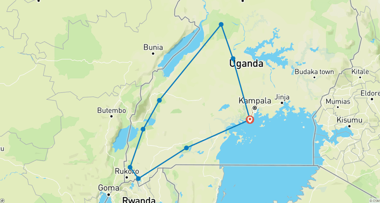 Mapa do percurso de Experimente Gorilas, Chimpanzés + Big 5 e Grandes Felinos de Uganda (Exclusivamente Privado)