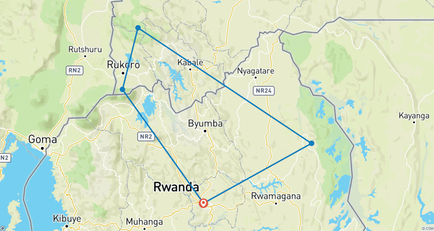 Mapa do percurso de Descubra Uganda e Ruanda: Gorilas + Big 5 e Grandes Felinos (Exclusivamente Privado)