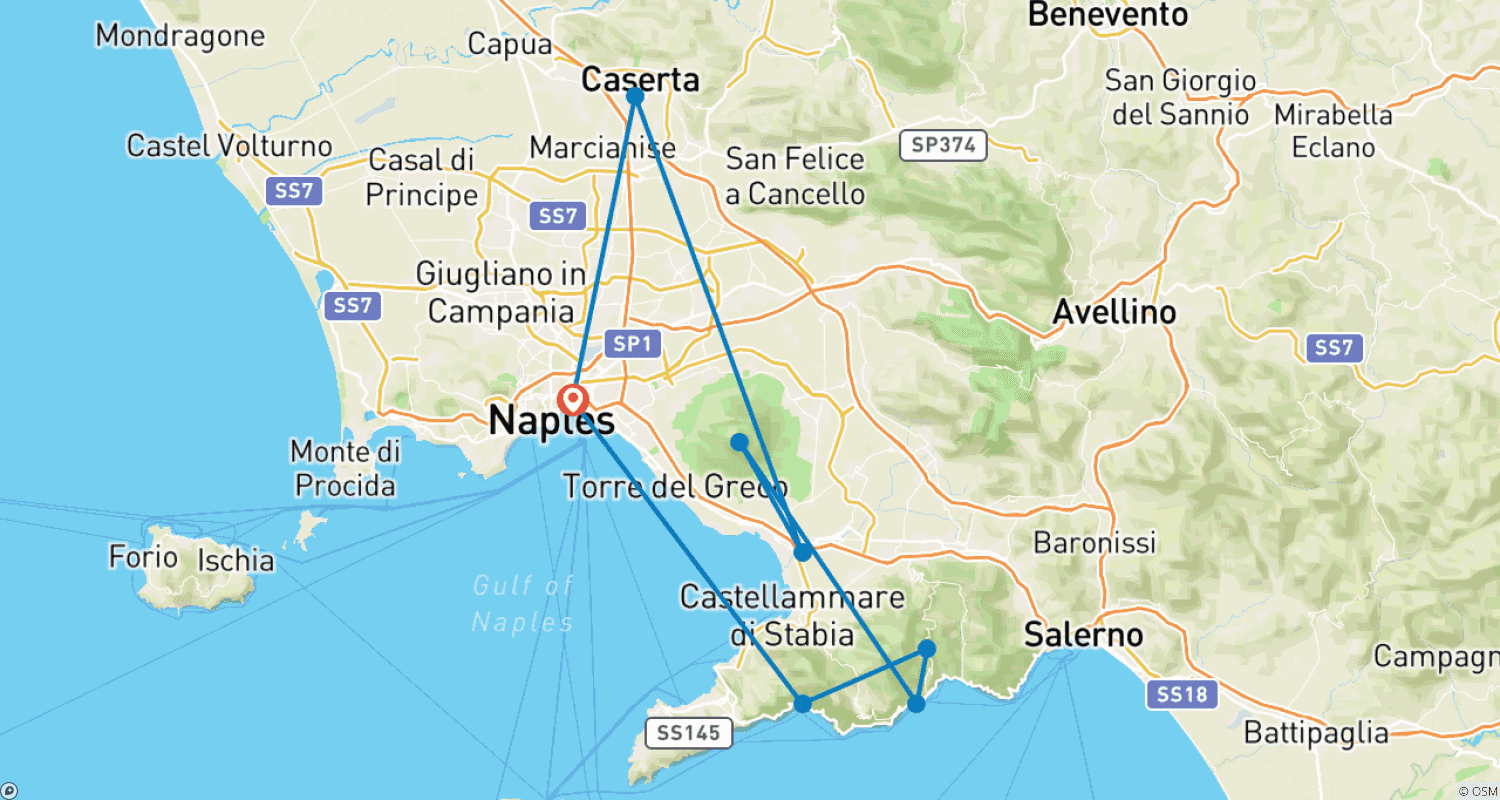 Mapa do percurso de De Nápoles a Amalfi: Uma Viagem Luxuosa de Arte, Vinho e Sabores do Sul