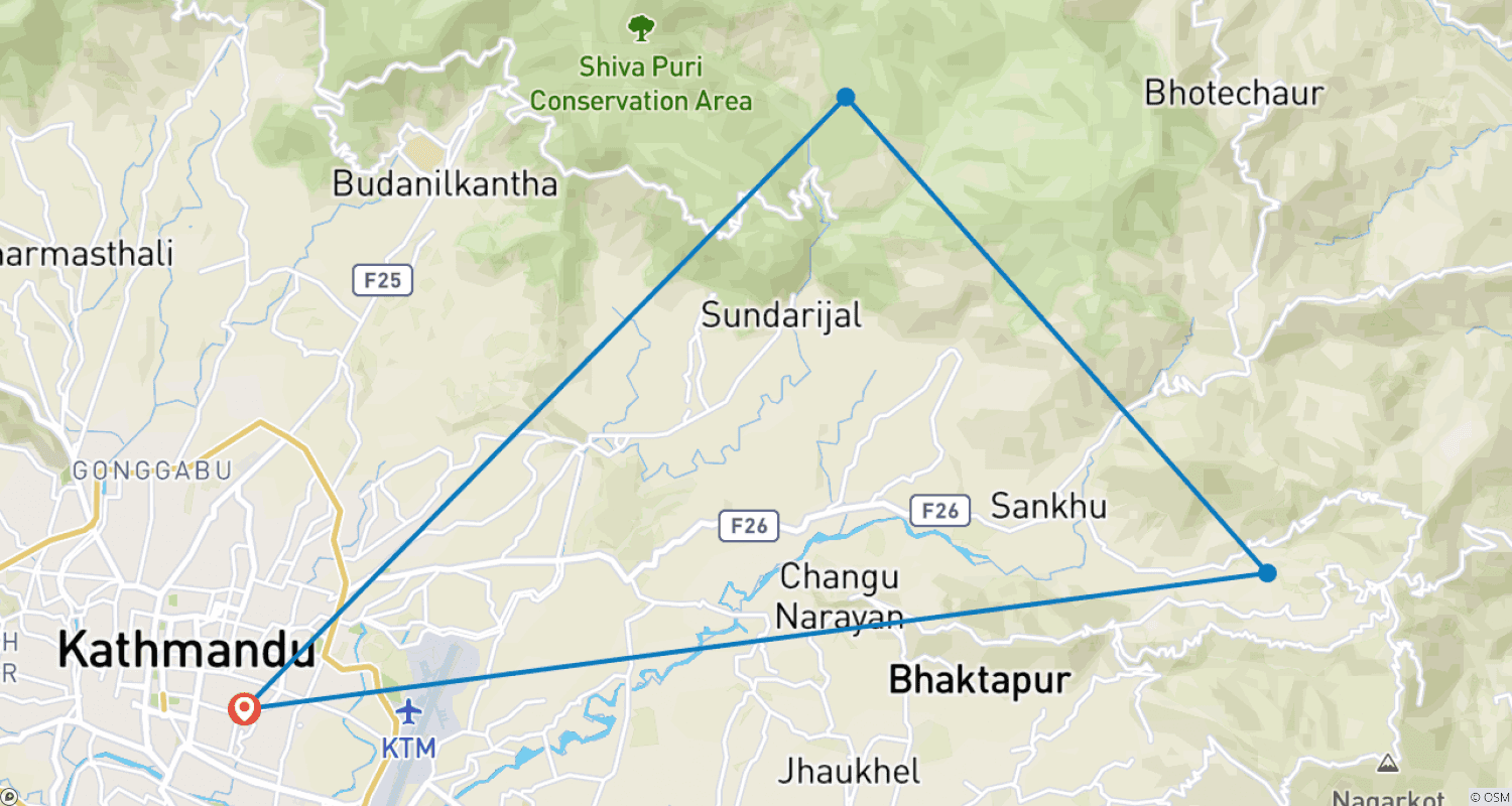 Mapa do percurso de Trekking na Periferia do Vale de Kathmandu – 3 Dias