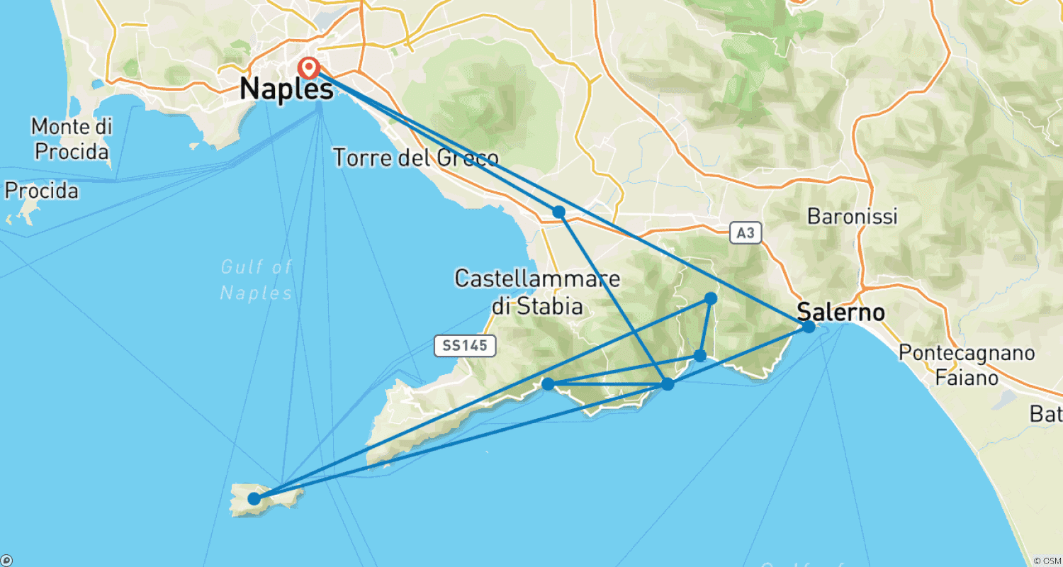 Mapa trasy: Wycieczka po Wybrzeżu Amalfitańskim - 6 fantastycznych dni z bazą w Amalfi