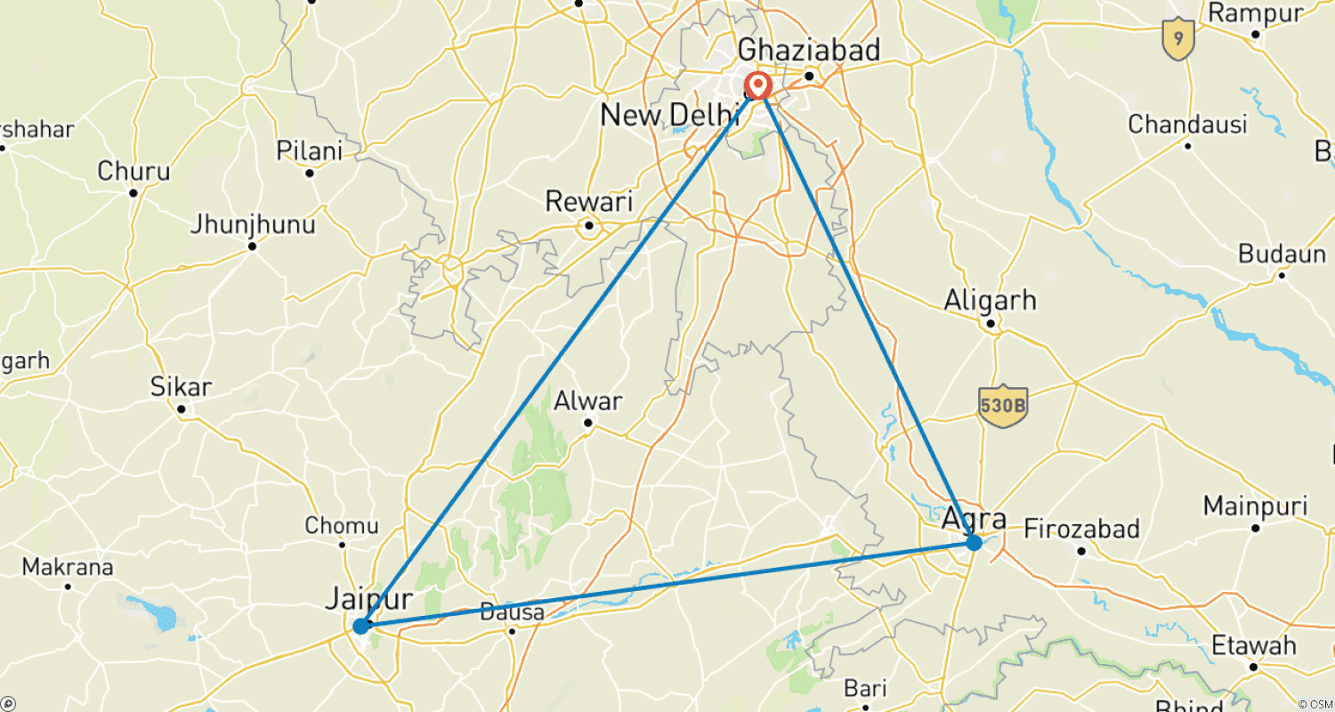 Mapa do percurso de Excursão de 4 Dias ao Triângulo Dourado - Taj Mahal ao Nascer ou Pôr do Sol