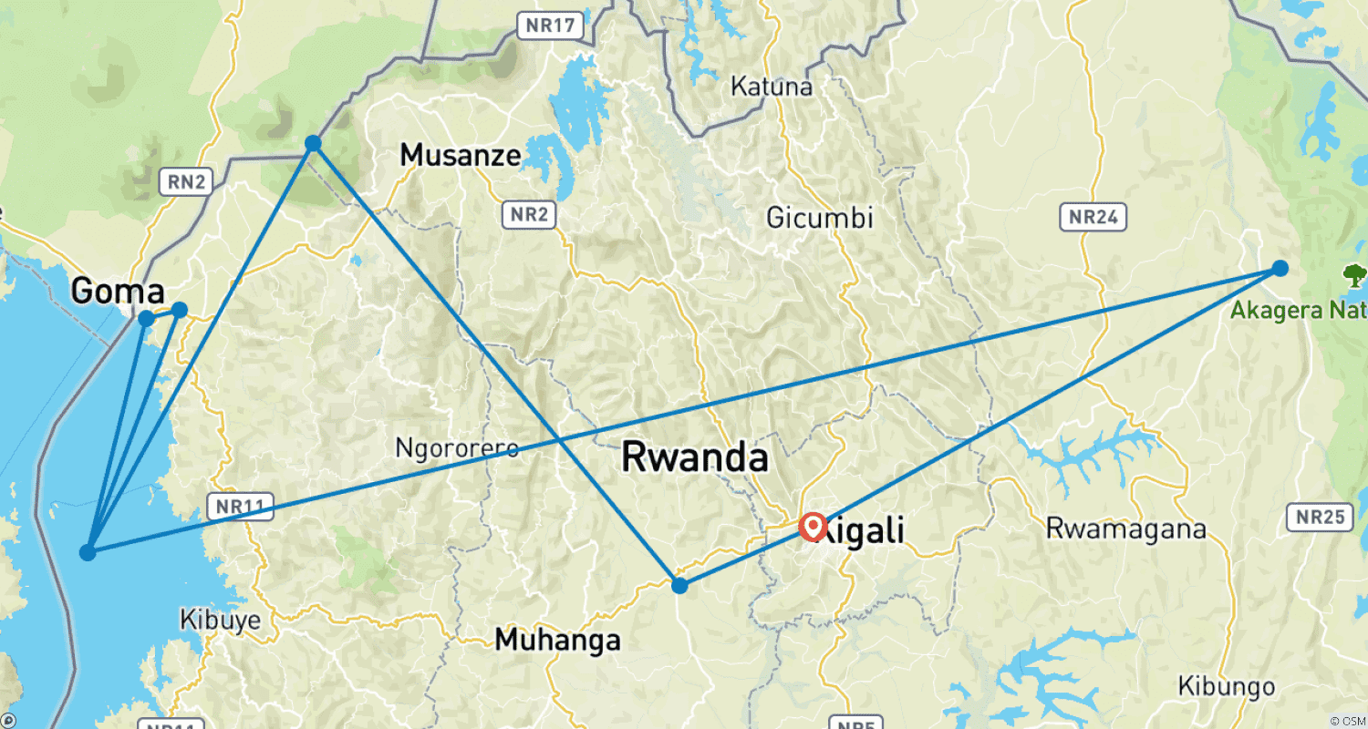 Mapa do percurso de Experimente Ruanda: Parque Nacional Akagera, Lago Kivu, Túmulo de Dian Fossey (Exclusivamente Privado)