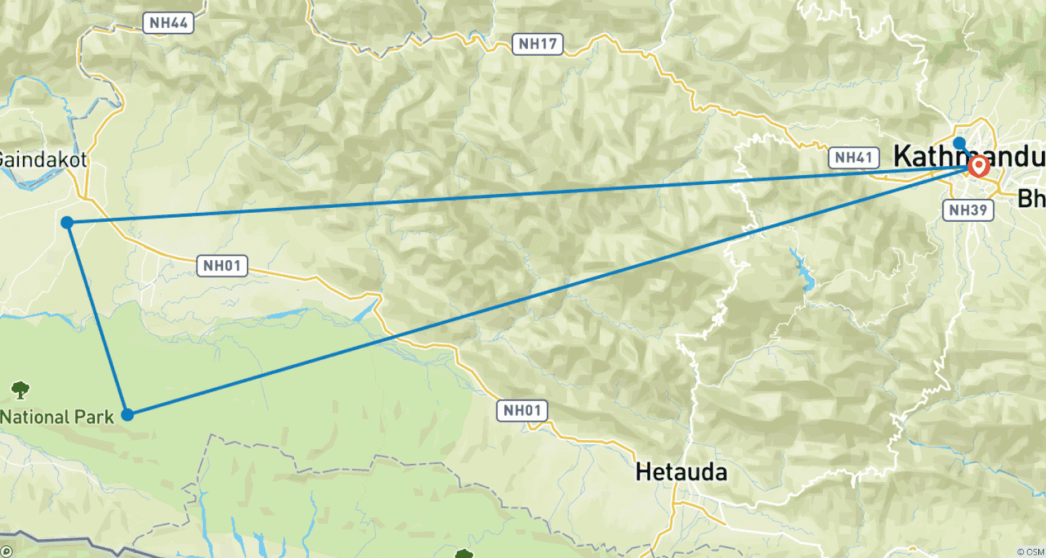 Mapa do percurso de Aventura Luxuosa de Safári na Selva e Vida Selvagem no Nepal - 7 Noites/8 Dias