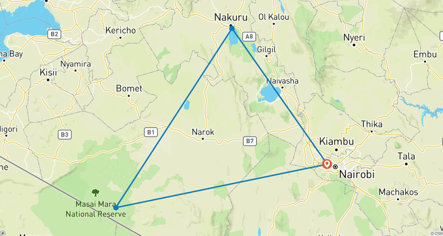 Mapa trasy: 4-dniowe safari budżetowe Masai Mara i Jezioro Nakuru