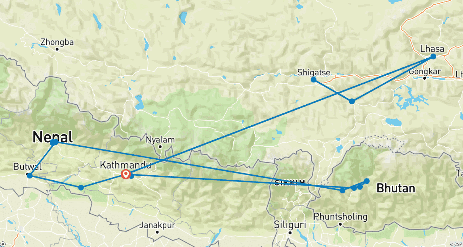 Mapa do percurso de Excursão de Destaques do Nepal, Tibete e Butão
