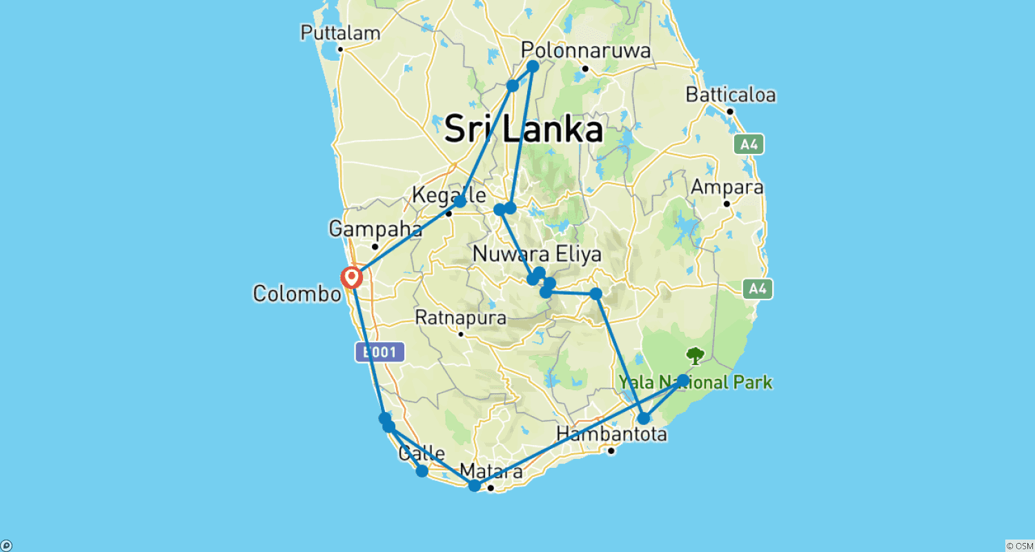 Mapa do percurso de Sri Lanka com um Orçamento - 10 Dias