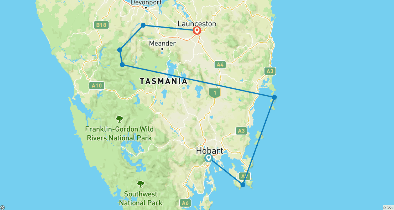 The BIG 3 Tasmania - Hobart to Launcestonのルートマップ