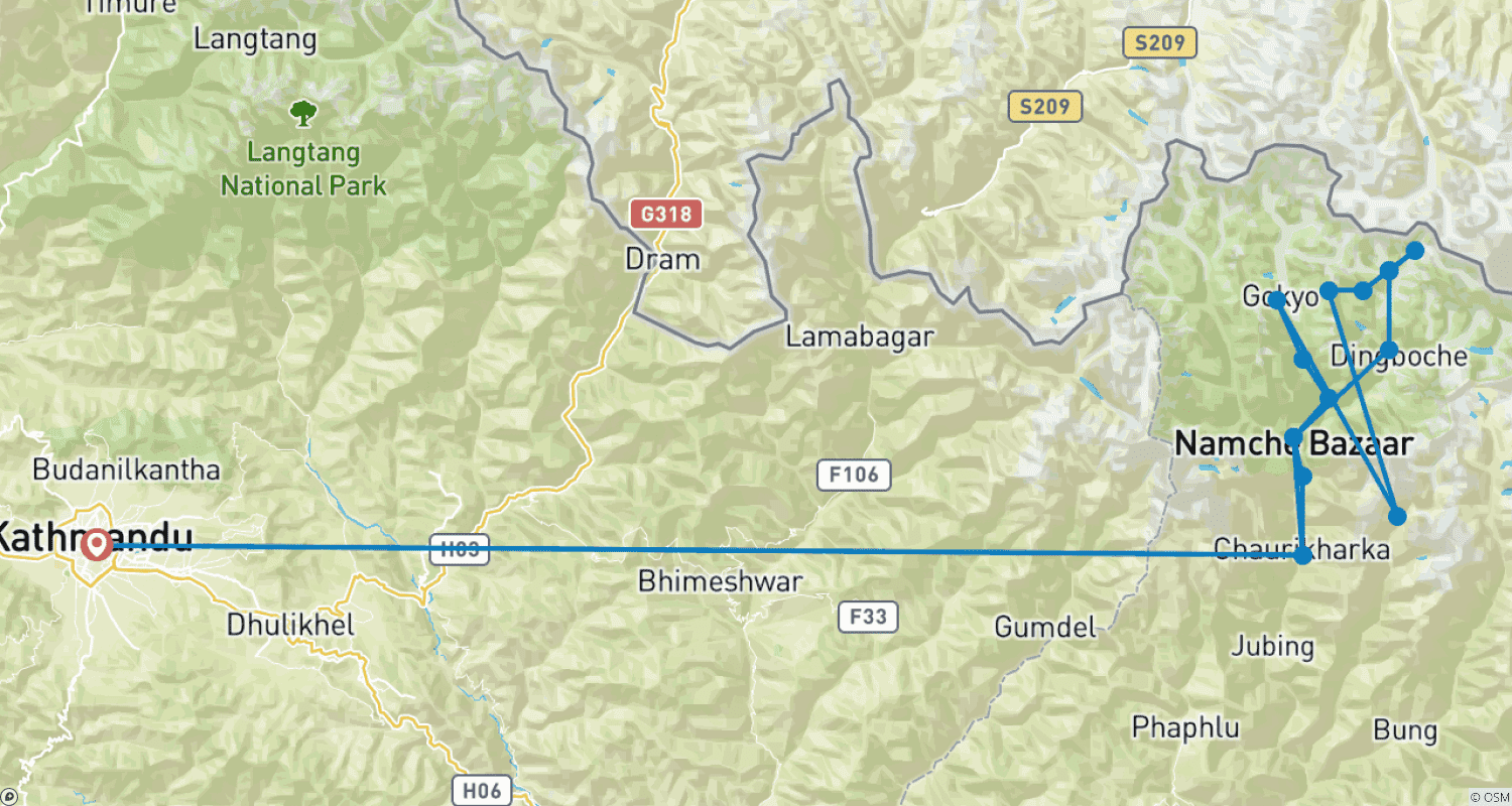 Mapa do percurso de Caminhada ao Acampamento Base do Everest via Lagos Gokyo e Passagem Cho La