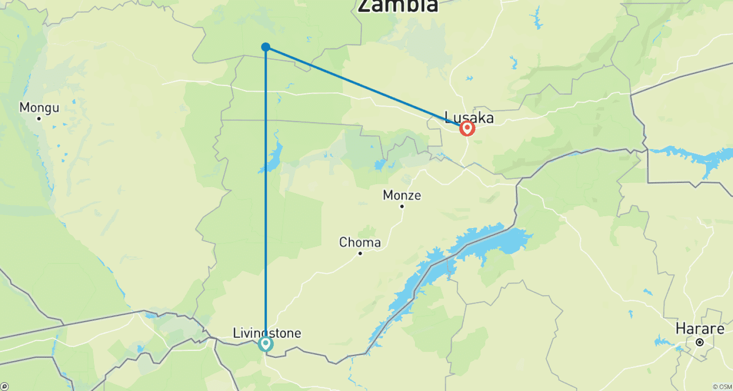 9日間 - ザンビア:MWEZI Travelが贈る、心ゆくまで楽しむサファリ大冒険のルートマップ