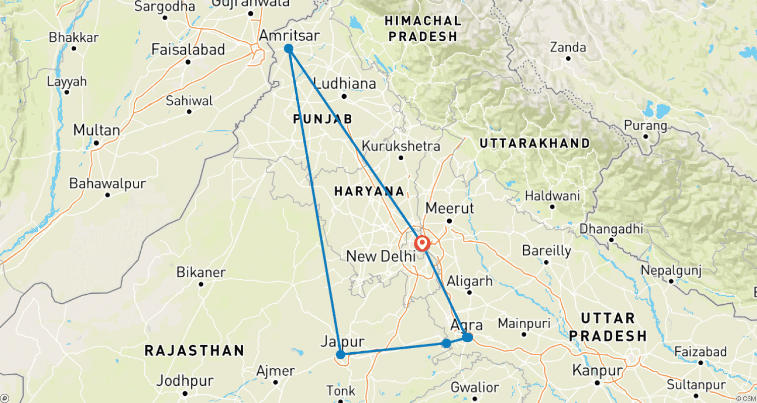 خريطة مسار Golden triangle with Amritsar golden temple