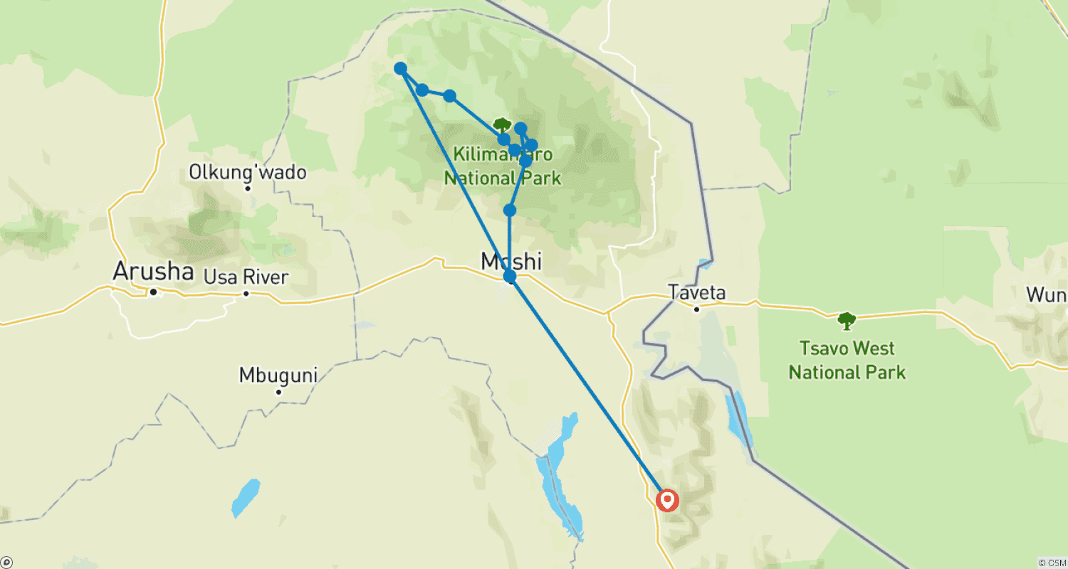 Mapa do percurso de 10 Dias de Escalada ao Monte Kilimanjaro - Rota Lemosho