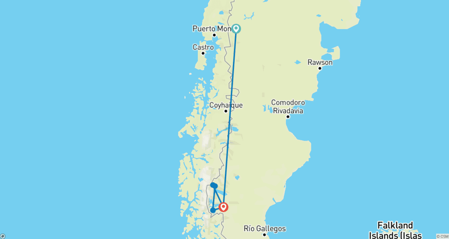 خريطة مسار أحلام Patagonia: من Bariloche إلى حقول الجليد في El Calafate
