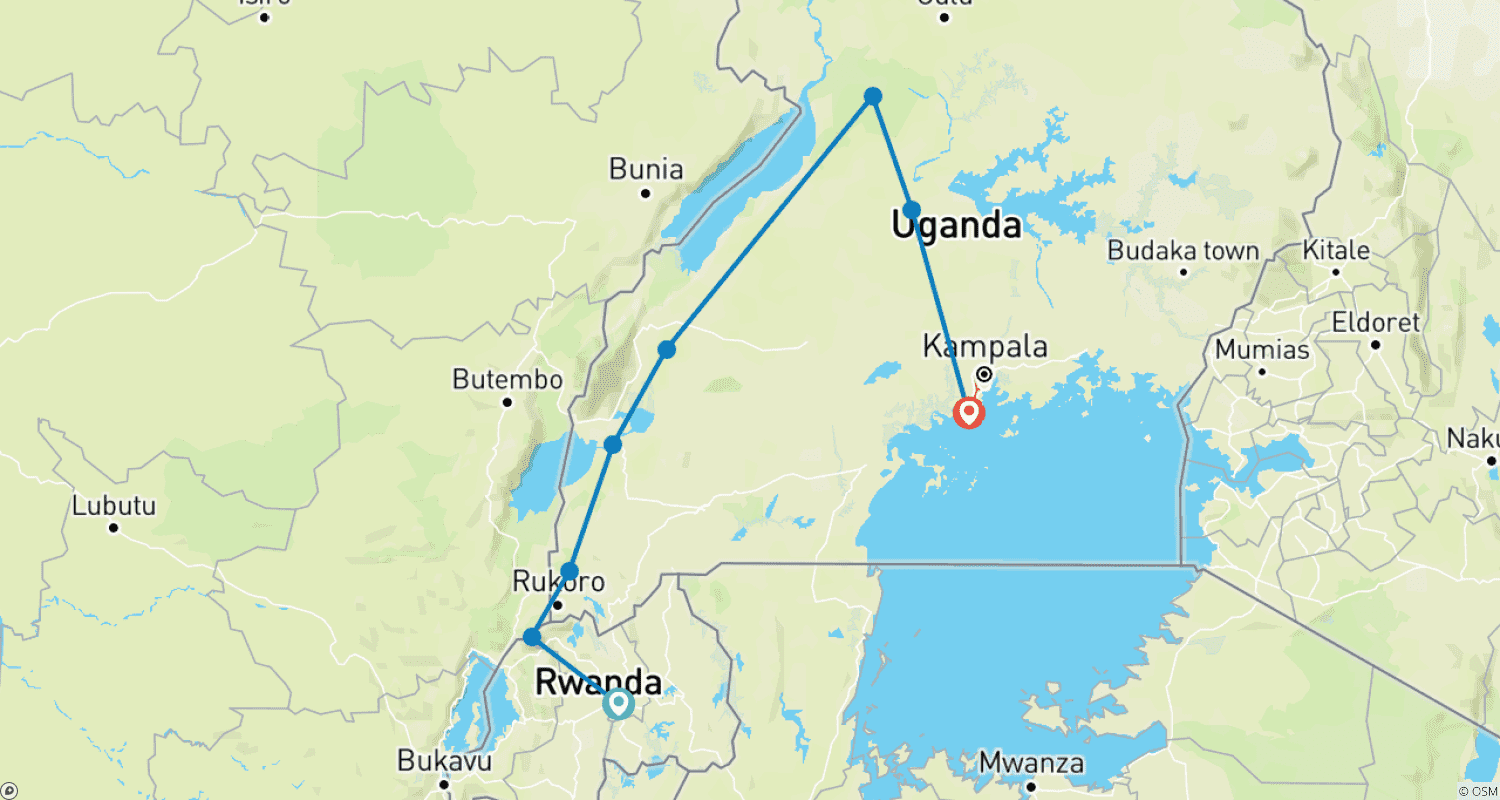 Mapa do percurso de Excursão de Primatas de 14 Dias em Uganda e Ruanda (Excursão de Categoria Média)