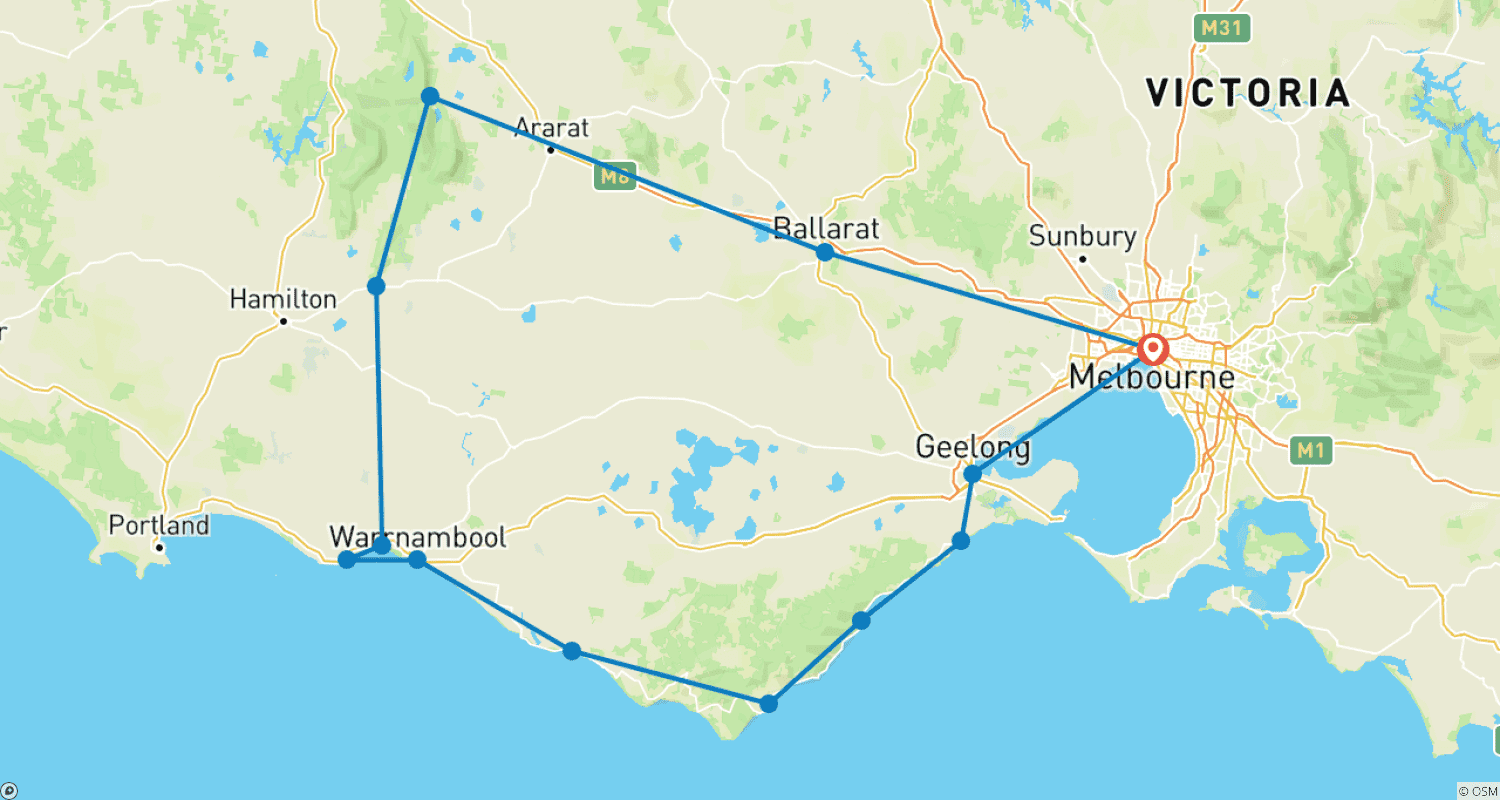 Mapa do percurso de 3 Dias Great Ocean Road e Grampians
