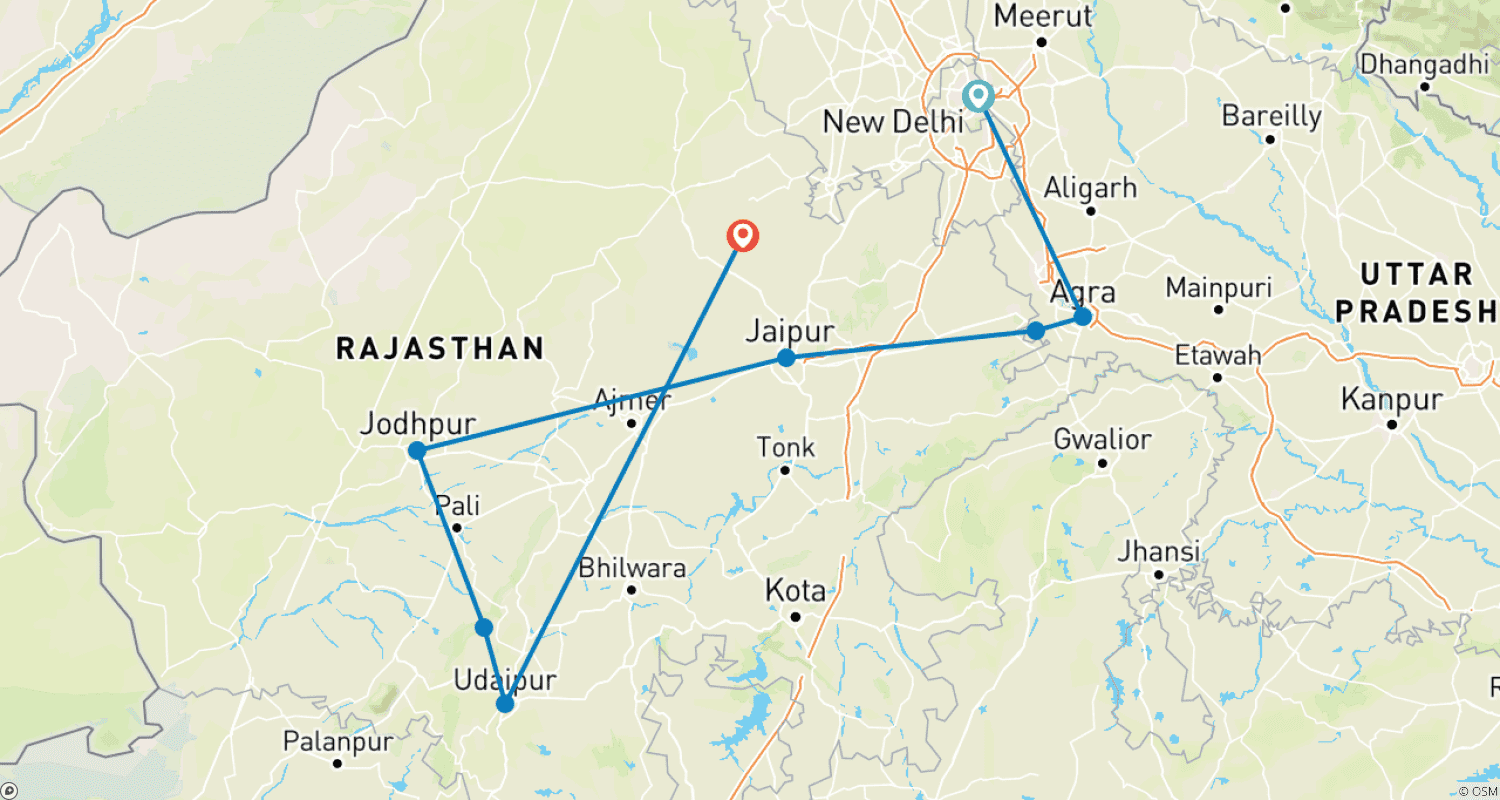 Mapa do percurso de Excursão Triângulo Dourado de 7 Dias com Jodhpur e Udaipur