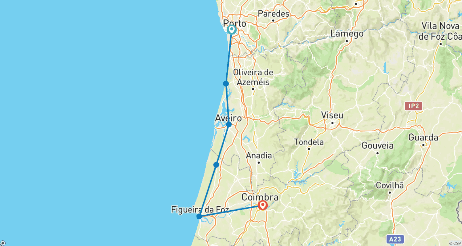 Mapa do percurso de Passeio de bicicleta autoguiado de Porto a Coimbra