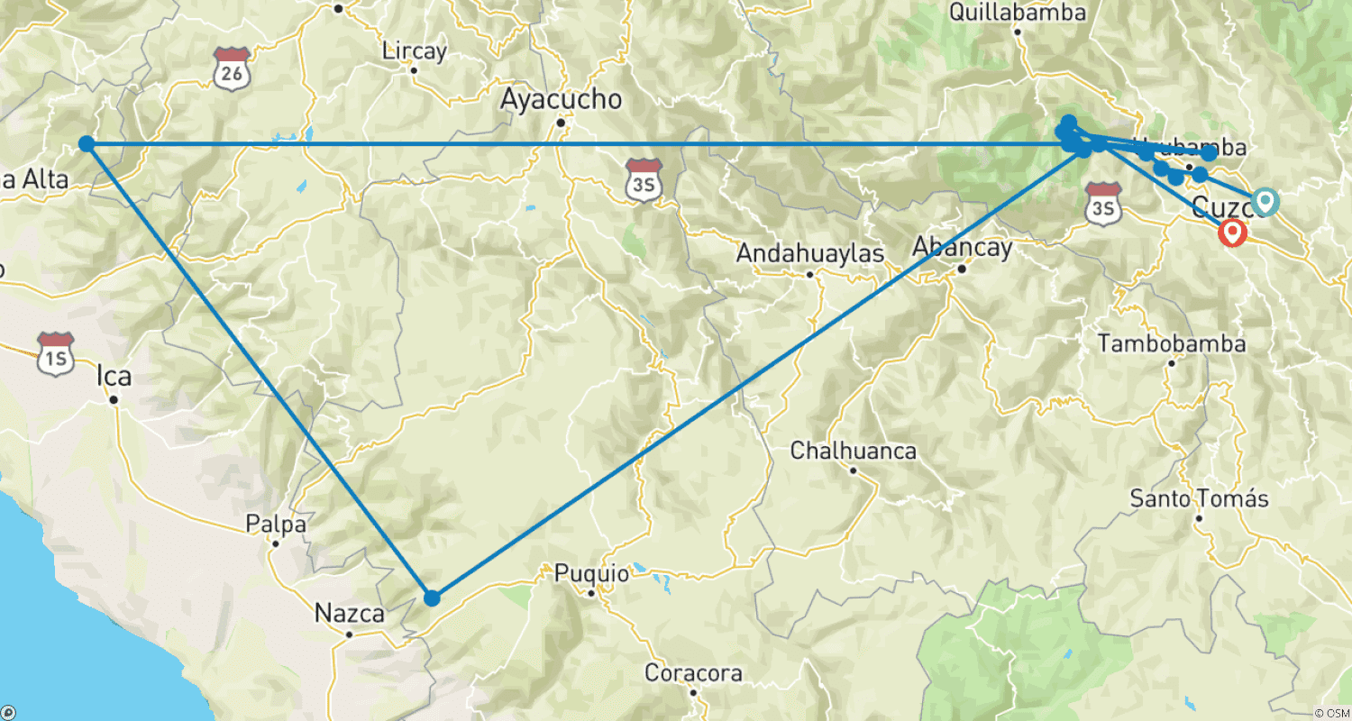 Mapa do percurso de Vale Sagrado Estendido + Trilha Inca Clássica para Machu Picchu 5 Dias e 4 Noites