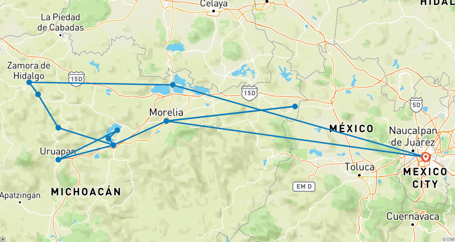 Mapa do percurso de Tour por Michoacán: Cidades Mágicas, o Vulcão Mais Jovem e Muito Mais