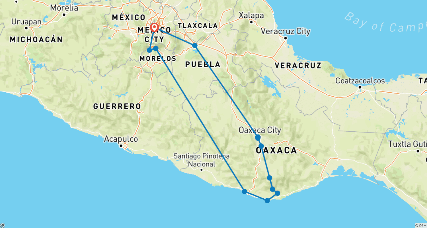 Mapa do percurso de Atrações em Oaxaca, México: Explore Ruínas, Cachoeiras Incríveis, Cidades Encantadoras e Muito Mais
