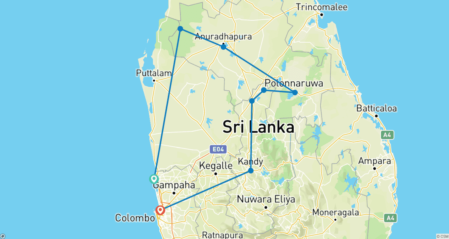 Mapa trasy: Starożytne Królestwa i Cuda Dzikiej Przyrody Sri Lanki