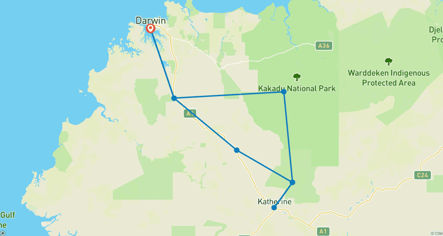 Mapa do percurso de Kakadu e Katherine Gorge (Escapada de 3 Dias)