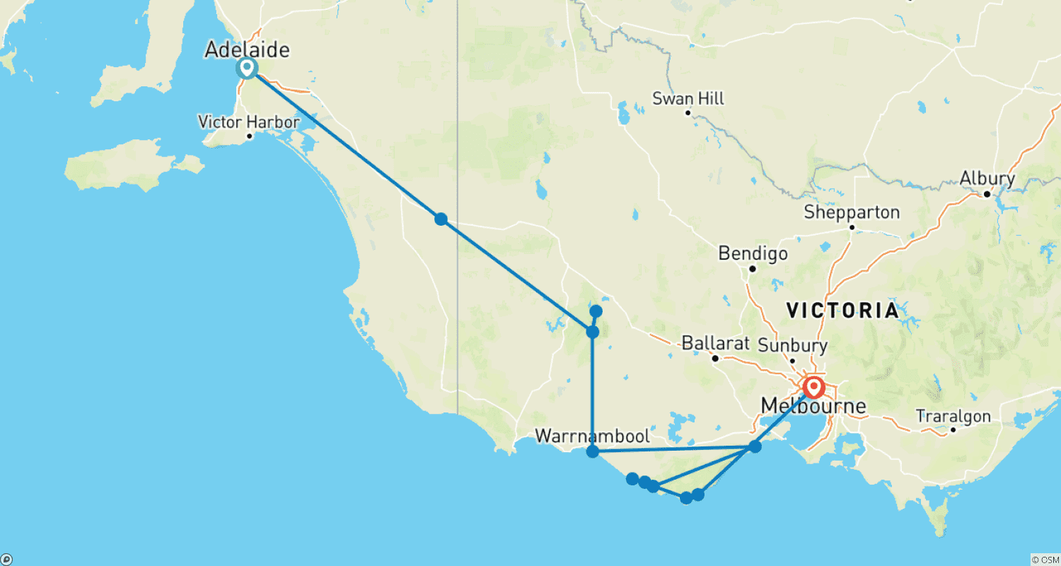 Mapa do percurso de Excursão Terrestre de 3 Dias de Adelaide a Melbourne via Grampians e Great Ocean Road