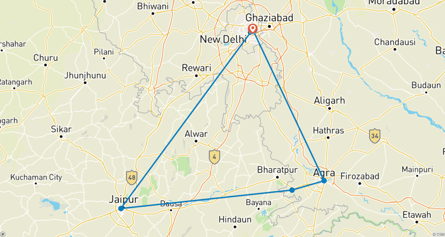 Mapa do percurso de Tour de Luxo Triângulo Dourado Índia (5 destinos)
