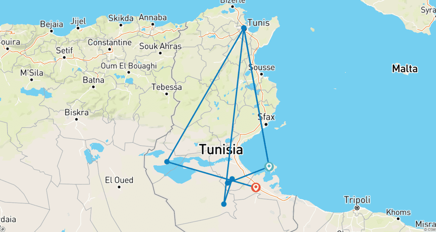 Mapa trasy: Tunezja 7-dniowa wyprawa na wielbłądach przez pustynię