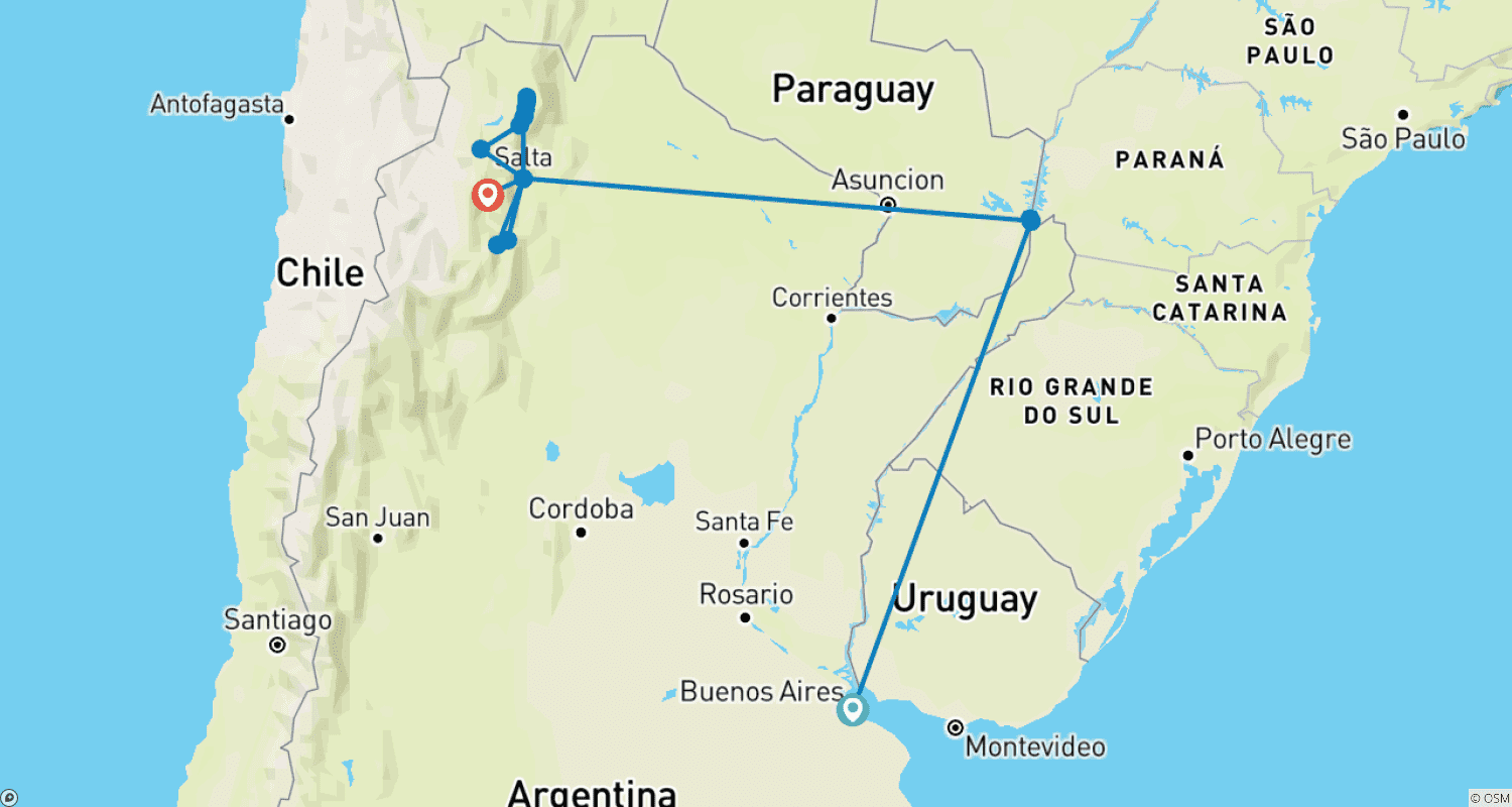 Mapa do percurso de Cidade, Selva e Montanhas: Buenos Aires, Iguaçu e Salta