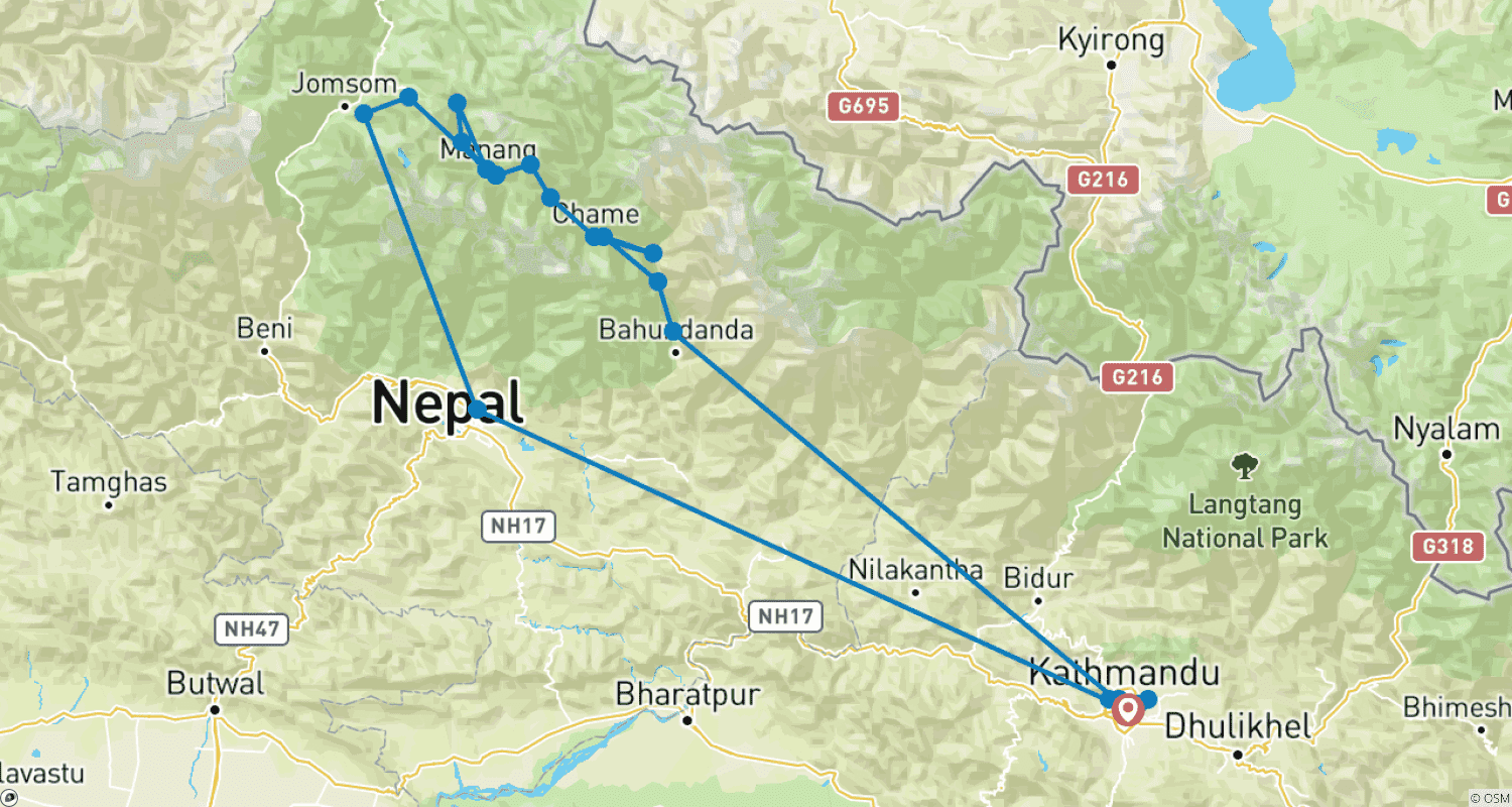 Mapa do percurso de Caminhada no Circuito Annapurna: 14 Dias