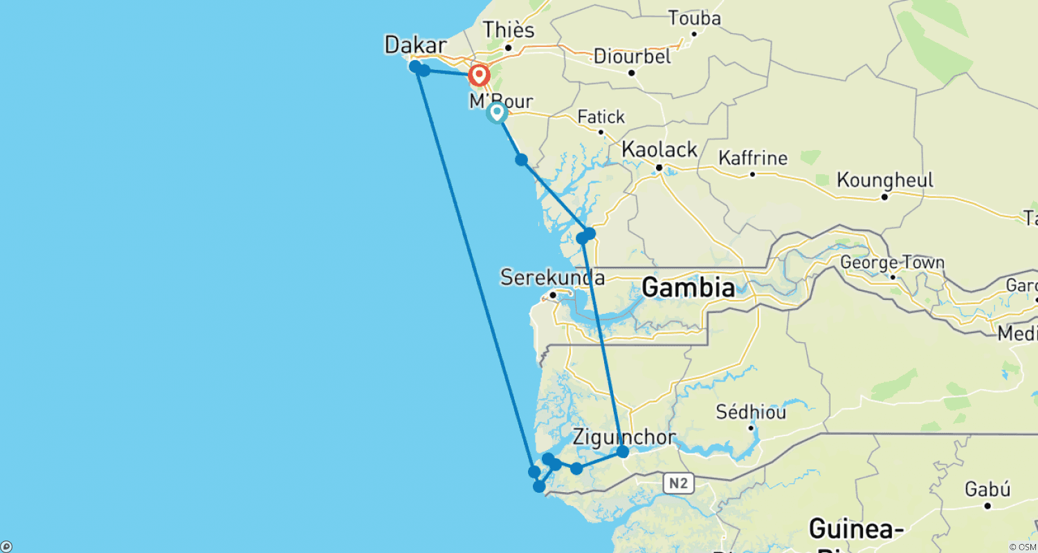 Mapa do percurso de Do Rio Saloum ao Rio Casamance, 10 dias