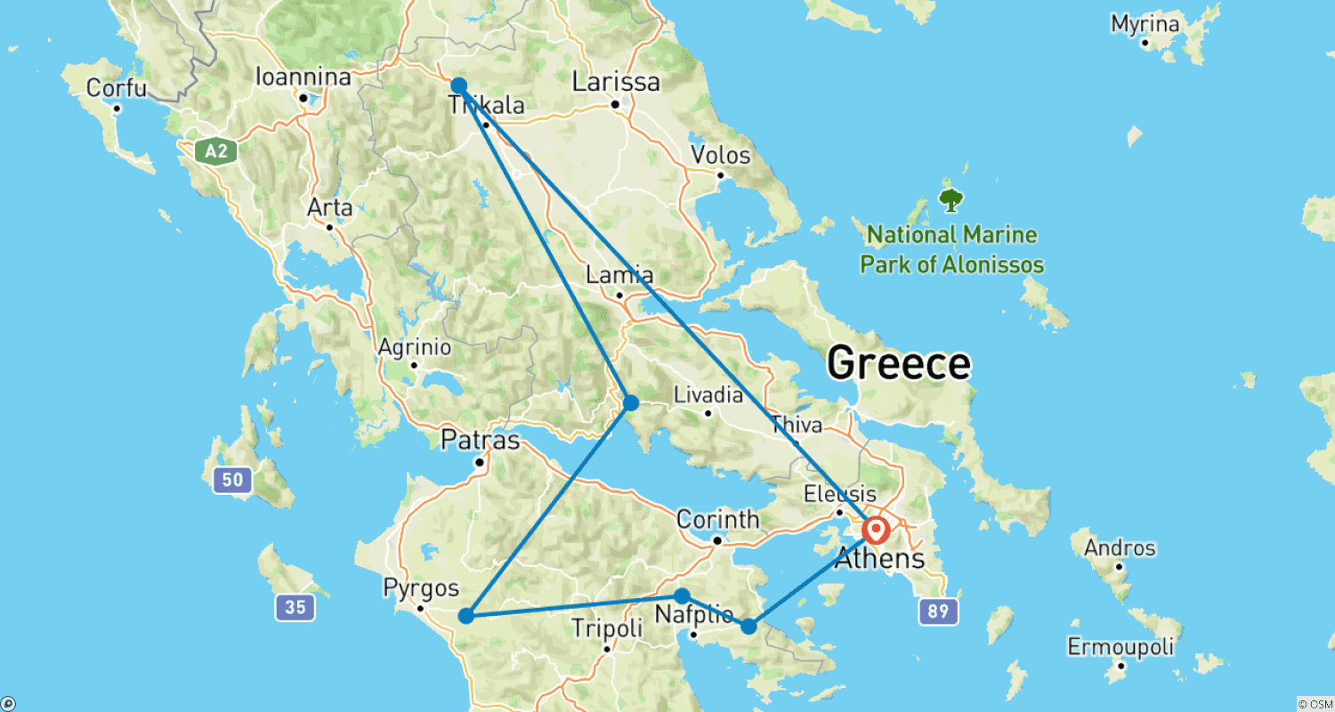 アテネ発 ギリシャ古典ツアー 4日間のルートマップ