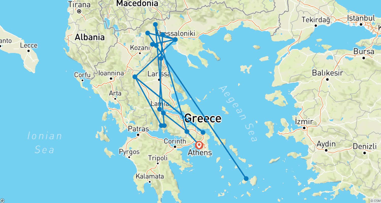 Mapa do percurso de Excursão de Cinco Dias pelo Norte da Grécia partindo de Atenas