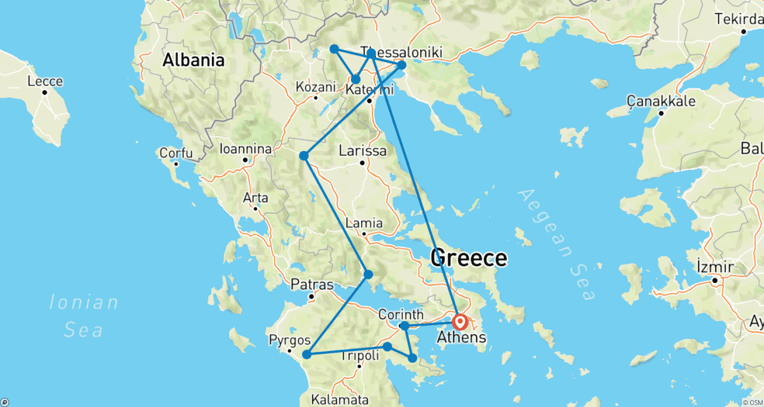 Mapa do percurso de Grande Tour de Sete Dias pela Grécia saindo de Atenas