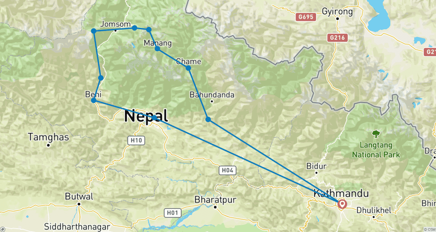 Mapa do percurso de Circuito Annapurna de Bicicleta - Ciclismo nos Himalaias