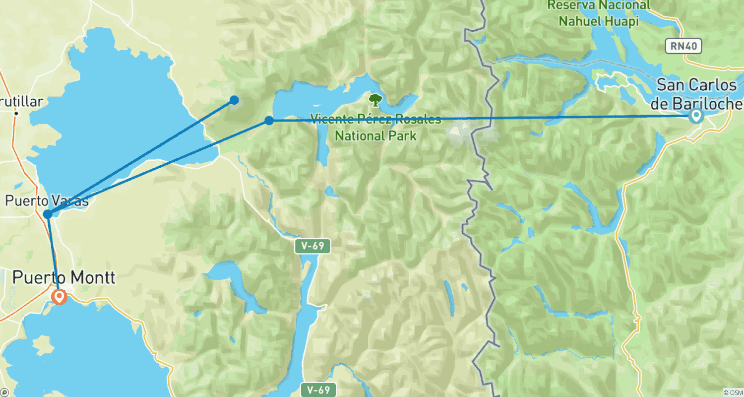 Mapa do percurso de Travessia Andina de Bariloche (Argentina) para Puerto Varas (Chile)